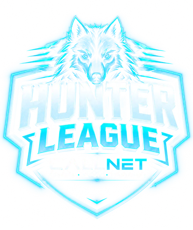 Brasão da Hunter League: um lobo sobre um escudo com o nome Hunter League e o logo Callnet